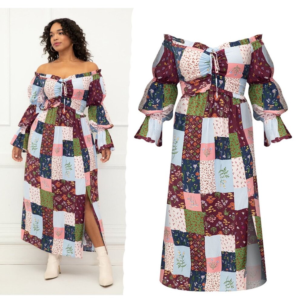 ELOQUII Elements Women's Plus Size 22/24 Off The Shoulder Patchwork Maxi Dress